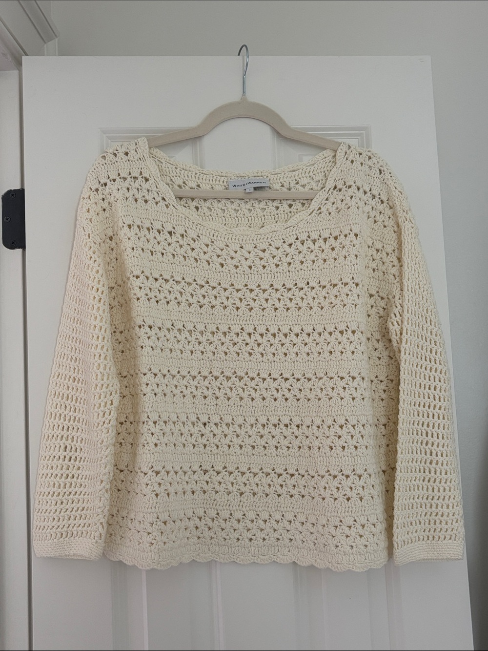 White and Warren Crochet Open-Knit Sweater in Cream